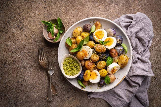 Homemade,Salad,Of,New,Colorful,Potatoes,,Quail,Eggs,And,Pesto,