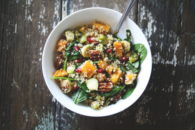 Vegan,Fall,Salad,With,Squash,,Brussels,Sprouts,,And,Pomegranate,Seeds