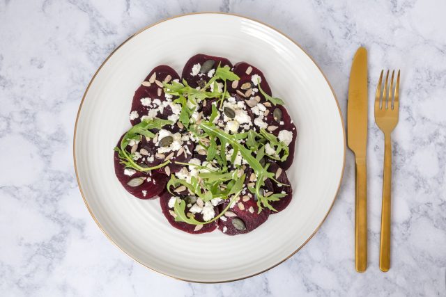Beetroot,Carpaccio,With,Feta,Cheese,,Rucola,Leaves,,Sunflower,And,Pumpkin